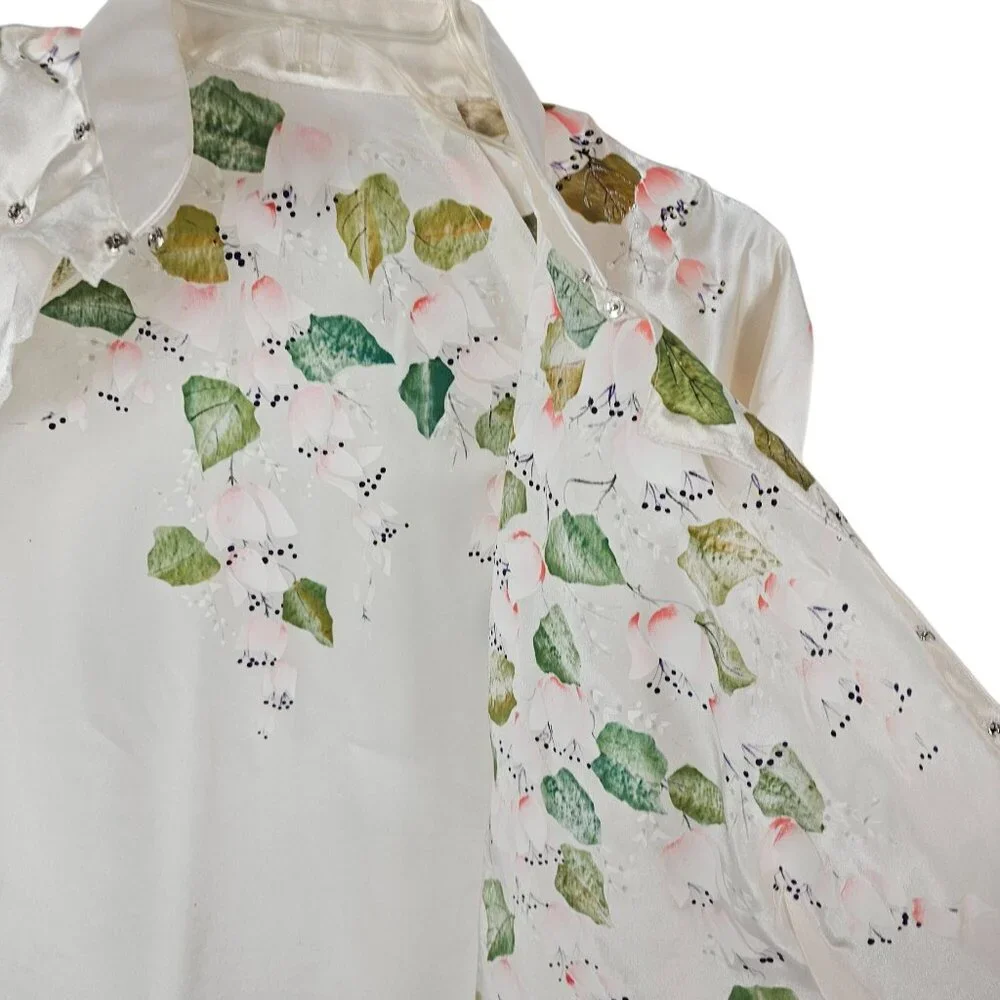 VTG Robe + Pant Sleepwear Set White Satin Floral Soft Loungewear Retro MCM OS